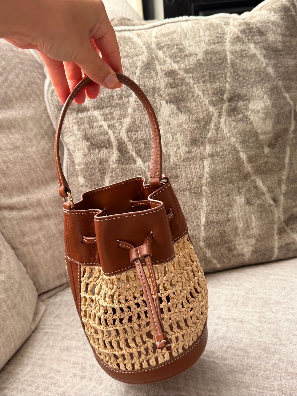 J. Crew Drawstring Brown English Saddle Leather & Straw Mini Bucket Bag #OA3 - Picture 16 of 16